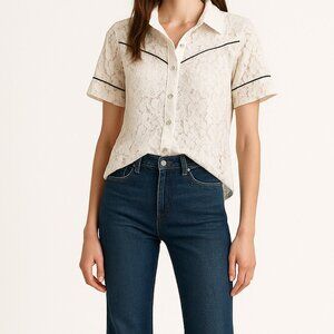 Olivaceous Ivory Lace Blouse with Black Accents